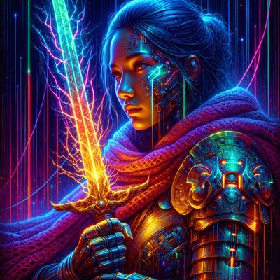 The primary subject of the image is a woman holding a sword. She is wearing a knight's outfit, which includes a cape and a helmet. The setting is a futuristic environment, with a backdrop of neon lights. The visual style is digital art, and the colors and mood are vibrant and energetic.